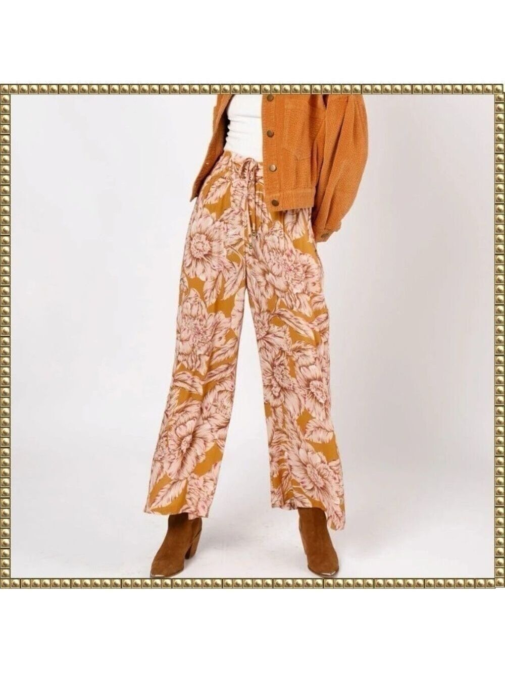 Band of the Free Arizona Gold Floral Wide Leg Pants Small